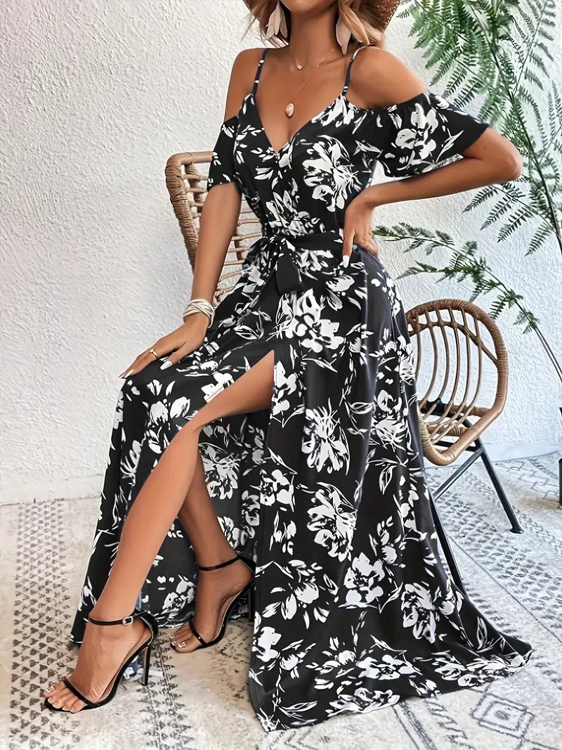 Ins Off-Shoulder Split Dress Summer Floral Print Suspender Long Dresses With Belt Design Women's Beach Clothing - Vintress Fashion