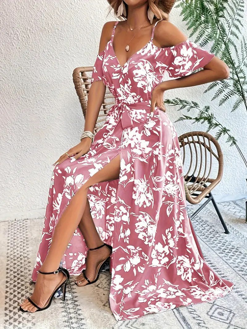 Ins Off-Shoulder Split Dress Summer Floral Print Suspender Long Dresses With Belt Design Women's Beach Clothing - Vintress Fashion