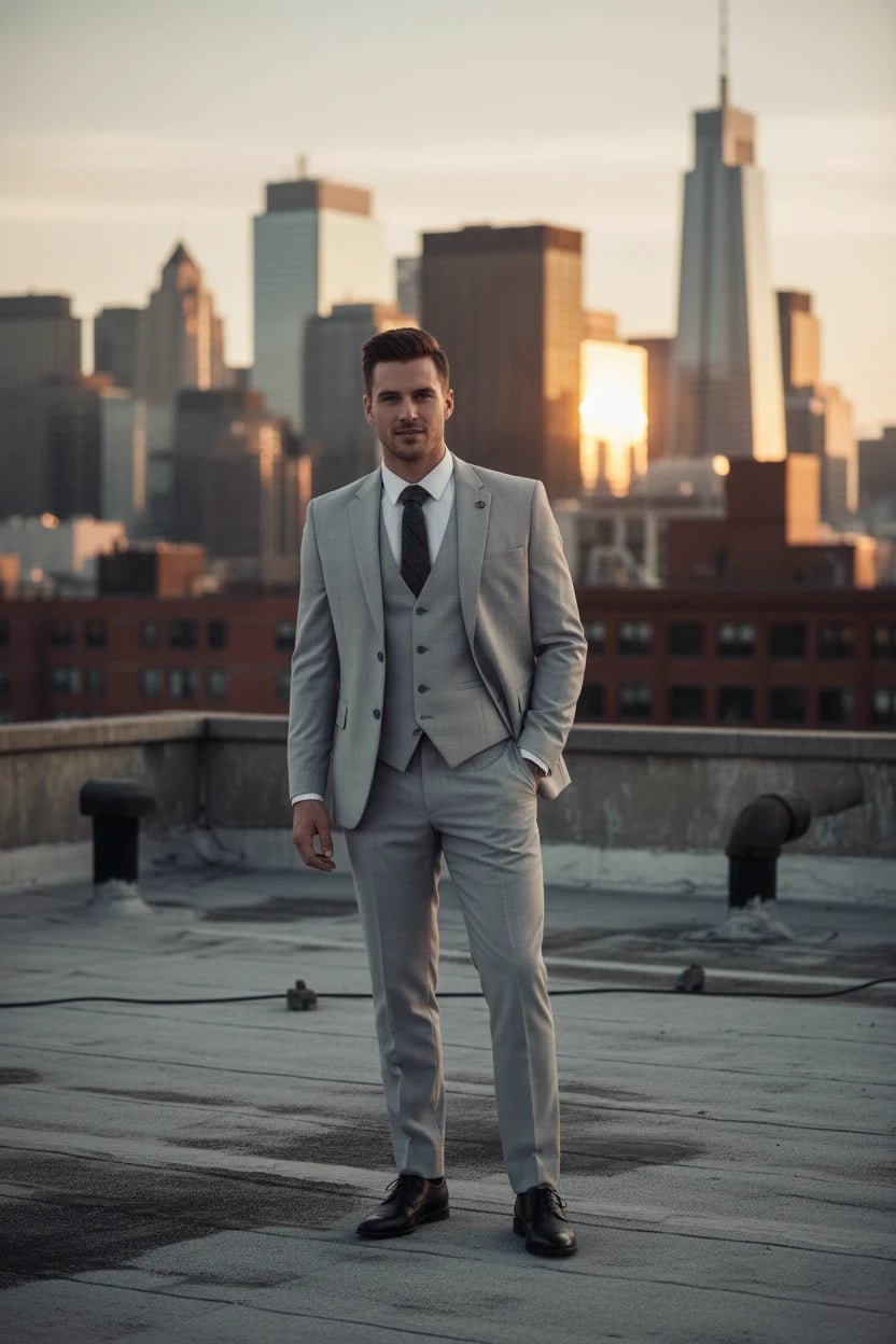 Men's Grey 3 Piece Prince Of Wales Check Suit - Vintress Fashion