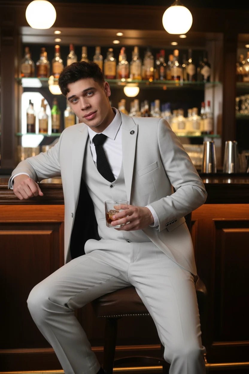 Men's Light Grey Tailored Fit Wedding 3 Piece Suit - Vintress Fashion