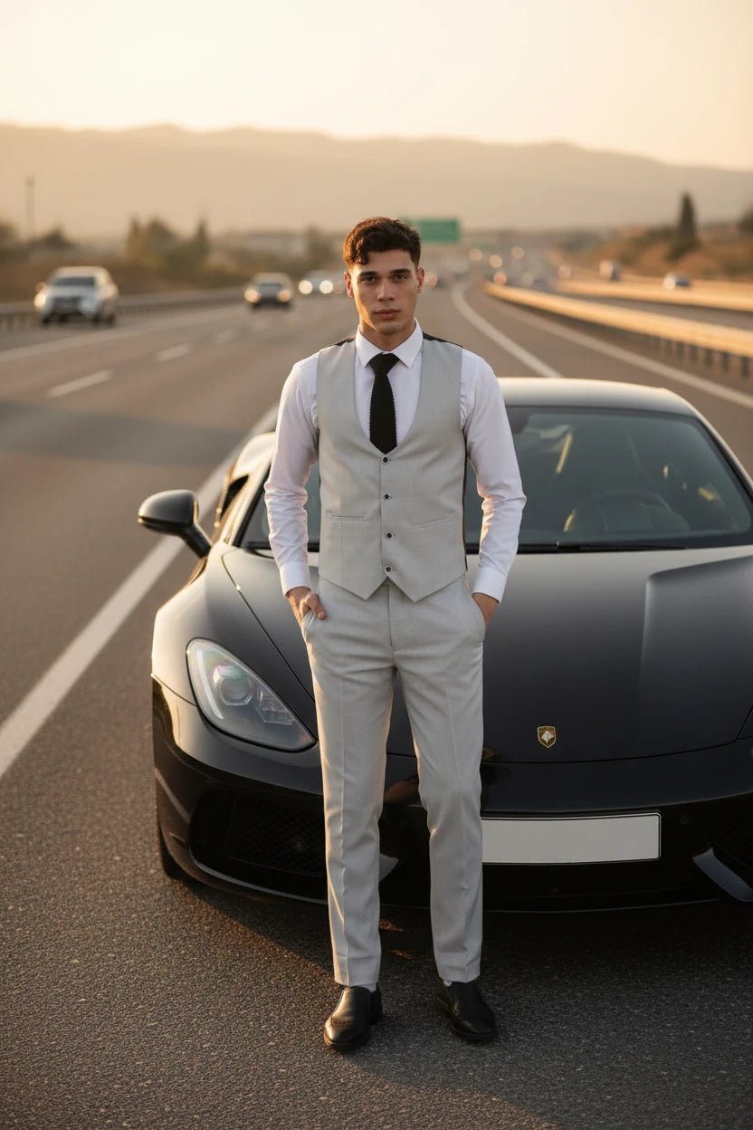 Men's Light Grey Tailored Fit Wedding 3 Piece Suit - Vintress Fashion
