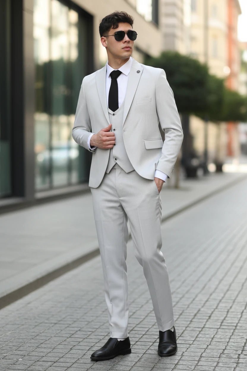 Men's Light Grey Tailored Fit Wedding 3 Piece Suit - Vintress Fashion