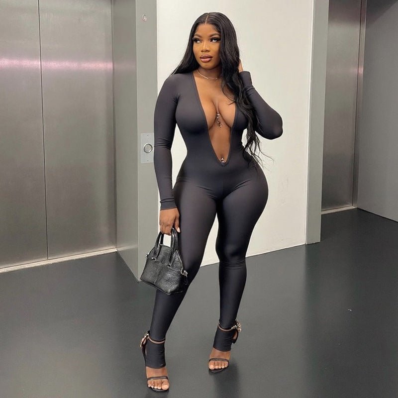 New Women's Fashion Backless Deep V Long Sleeve Solid Color Tight Jumpsuit - Vintress Fashion