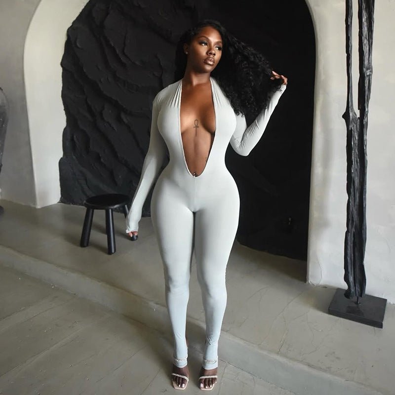 New Women's Fashion Backless Deep V Long Sleeve Solid Color Tight Jumpsuit - Vintress Fashion