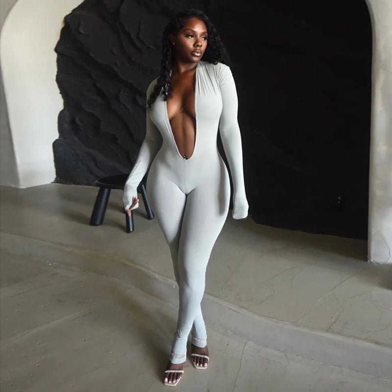 New Women's Fashion Backless Deep V Long Sleeve Solid Color Tight Jumpsuit - Vintress Fashion