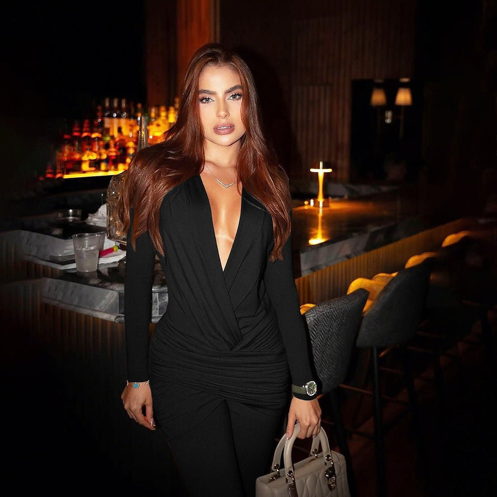 New Women's Fashion Deep V Long Sleeve Slim Fit Flared Jumpsuit - Vintress Fashion