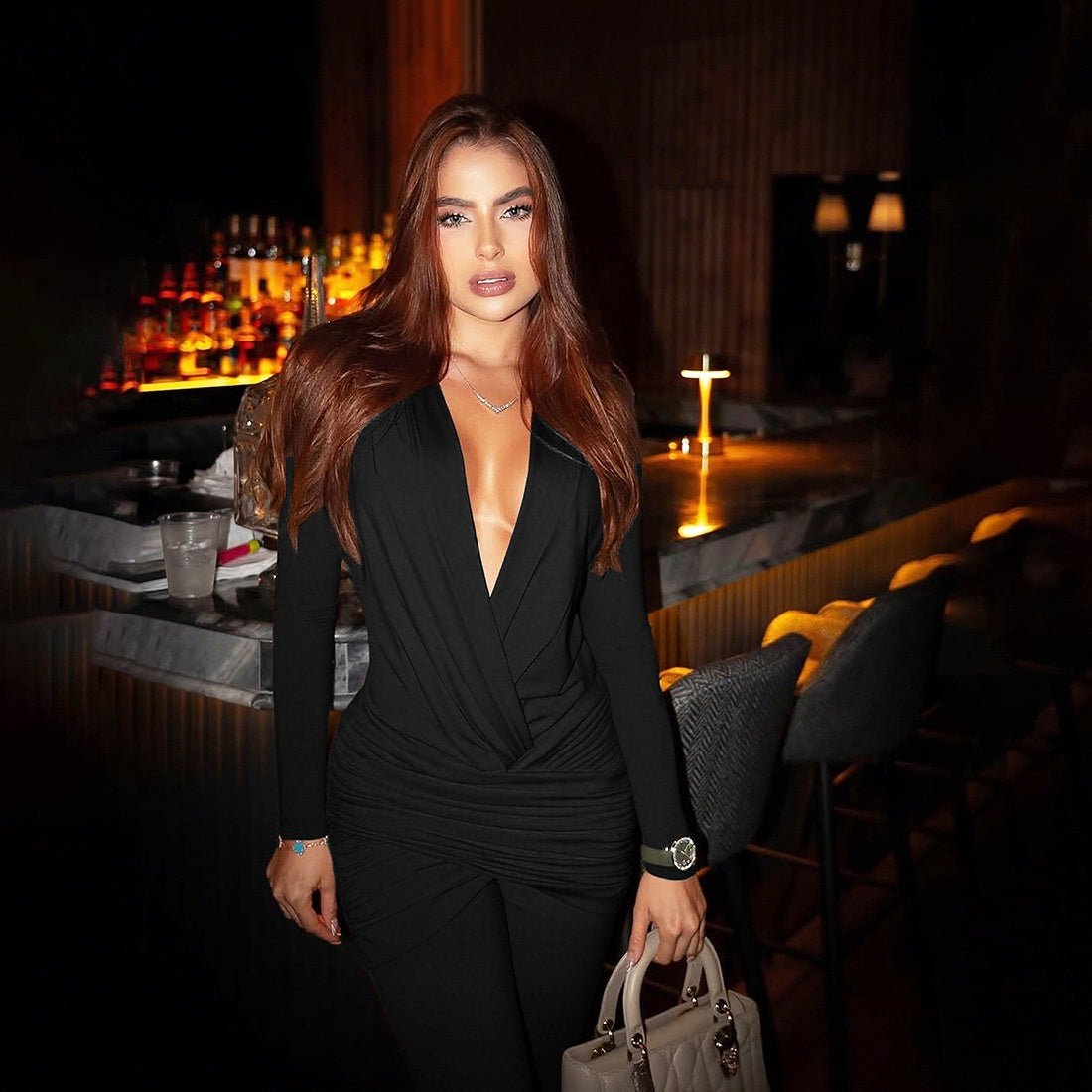 New Women's Fashion Deep V Long Sleeve Slim Fit Flared Jumpsuit - Vintress Fashion