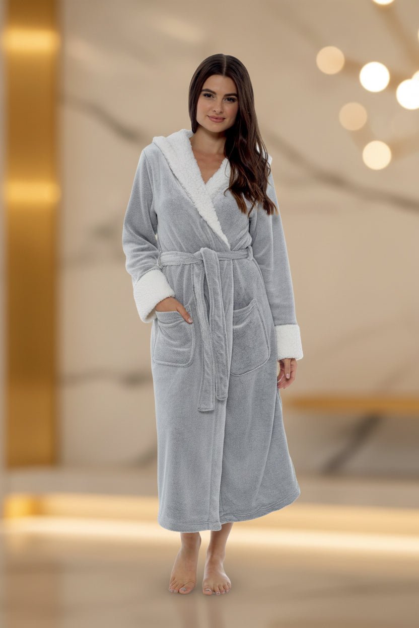 OLIVIA ROCCO Shimmer Fleece Hooded Bath Robe Grey For Women Luxurious Soft Plush Dressing - Vintress Fashion