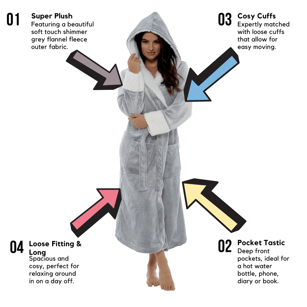 OLIVIA ROCCO Shimmer Fleece Hooded Bath Robe Grey For Women Luxurious Soft Plush Dressing - Vintress Fashion