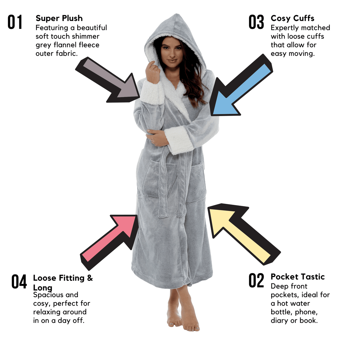 OLIVIA ROCCO Shimmer Fleece Hooded Bath Robe Grey For Women Luxurious Soft Plush Dressing - Vintress Fashion