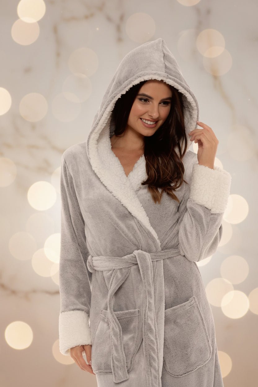 OLIVIA ROCCO Shimmer Fleece Hooded Bath Robe Grey For Women Luxurious Soft Plush Dressing - Vintress Fashion
