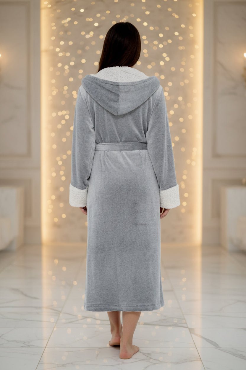 OLIVIA ROCCO Shimmer Fleece Hooded Bath Robe Grey For Women Luxurious Soft Plush Dressing - Vintress Fashion