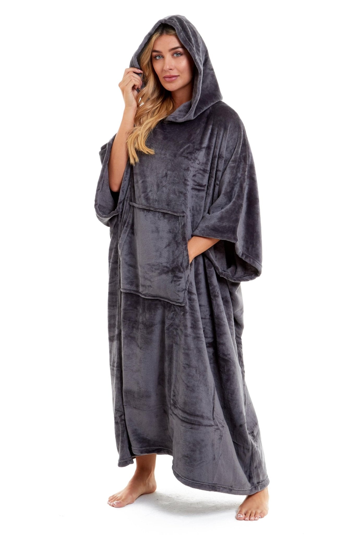 OLIVIA ROCCO Women's Oversized Hooded Poncho Blanket Plush Fleece Navy Charcoal Cosy Sofa and Bedroom Layering - Vintress Fashion