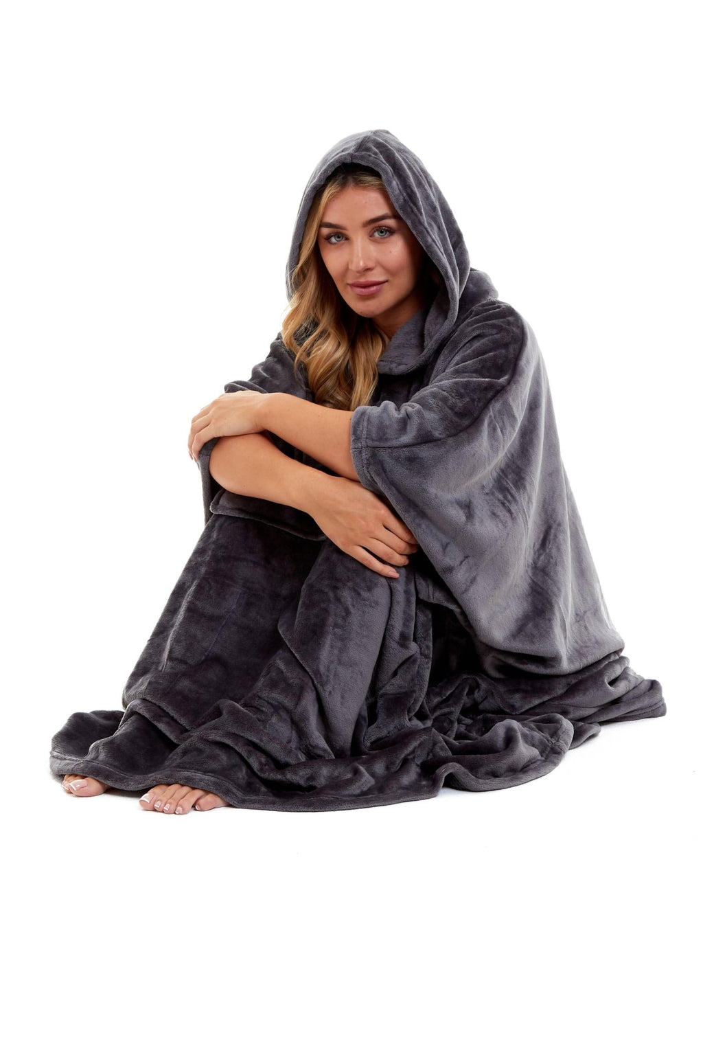 OLIVIA ROCCO Women's Oversized Hooded Poncho Blanket Plush Fleece Navy Charcoal Cosy Sofa and Bedroom Layering - Vintress Fashion