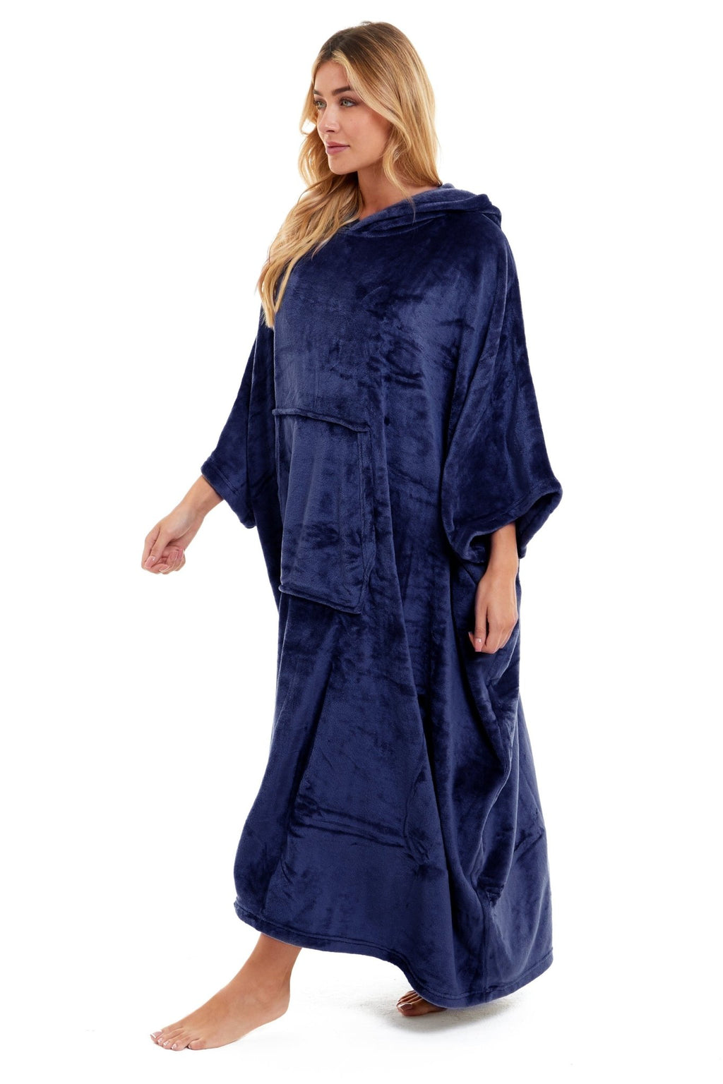 OLIVIA ROCCO Women's Oversized Hooded Poncho Blanket Plush Fleece Navy Charcoal Cosy Sofa and Bedroom Layering - Vintress Fashion