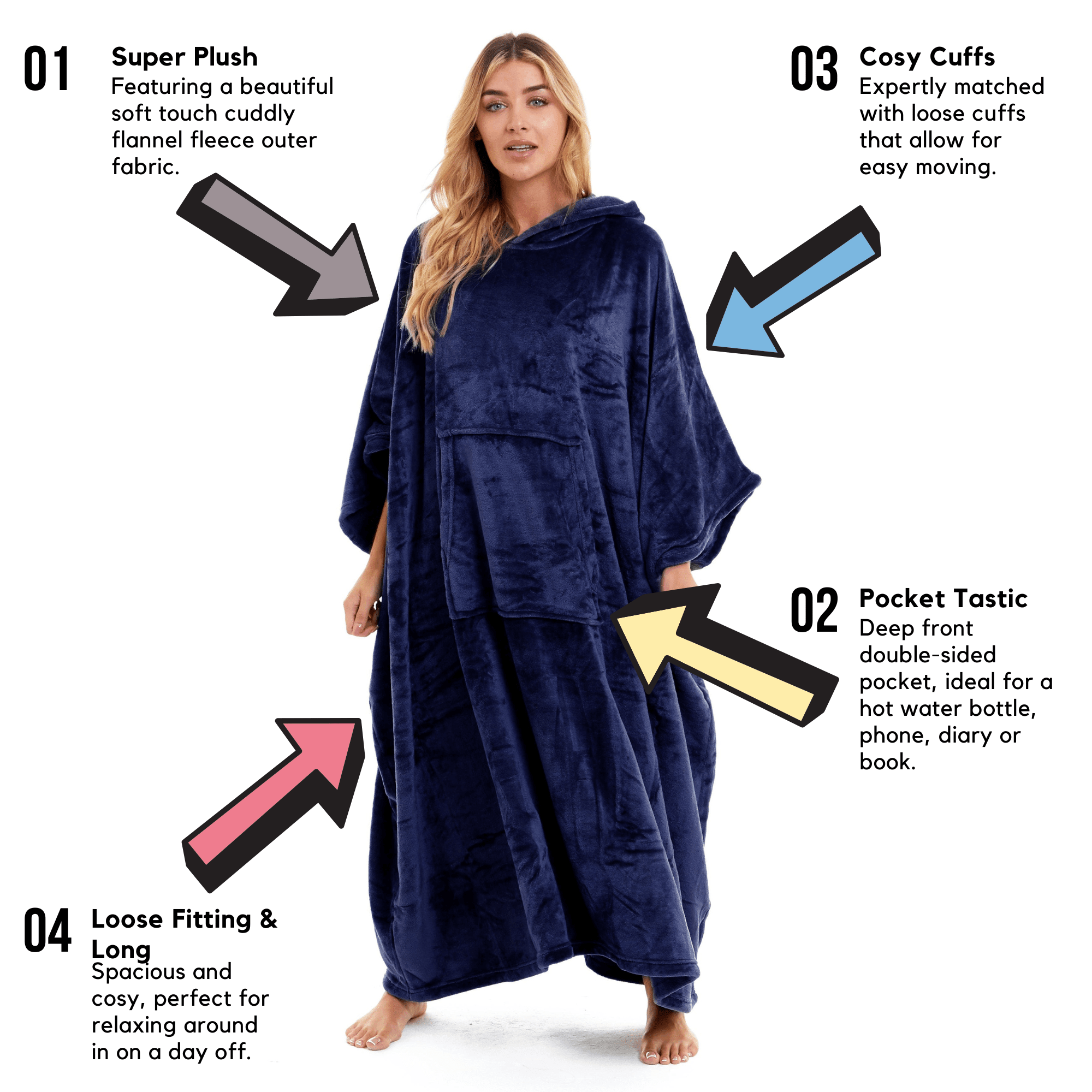 OLIVIA ROCCO Women's Oversized Hooded Poncho Blanket Plush Fleece Navy Charcoal Cosy Sofa and Bedroom Layering - Vintress Fashion
