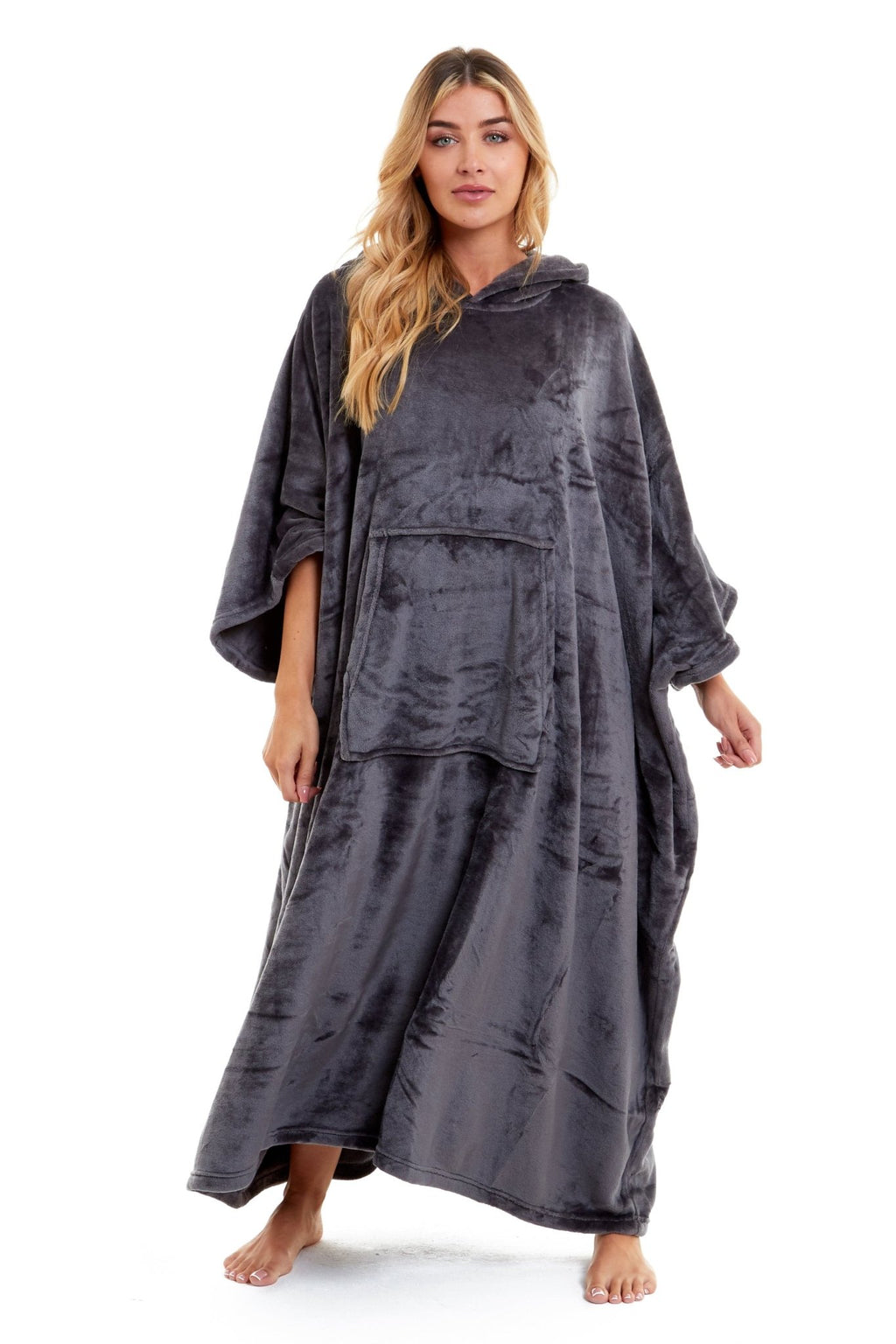OLIVIA ROCCO Women's Oversized Hooded Poncho Blanket Plush Fleece Navy Charcoal Cosy Sofa and Bedroom Layering - Vintress Fashion