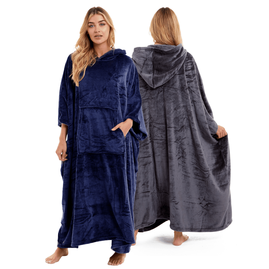 OLIVIA ROCCO Women's Oversized Hooded Poncho Blanket Plush Fleece Navy Charcoal Cosy Sofa and Bedroom Layering - Vintress Fashion