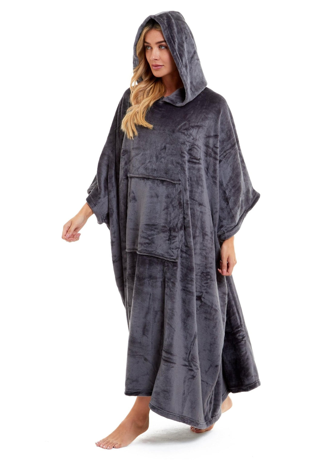 OLIVIA ROCCO Women's Oversized Hooded Poncho Blanket Plush Fleece Navy Charcoal Cosy Sofa and Bedroom Layering - Vintress Fashion