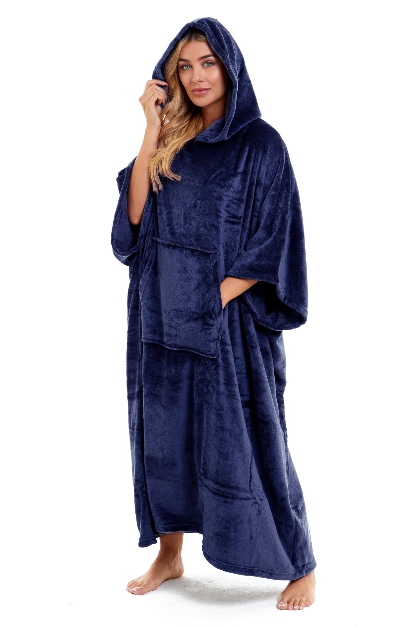 OLIVIA ROCCO Women's Oversized Hooded Poncho Blanket Plush Fleece Navy Charcoal Cosy Sofa and Bedroom Layering - Vintress Fashion