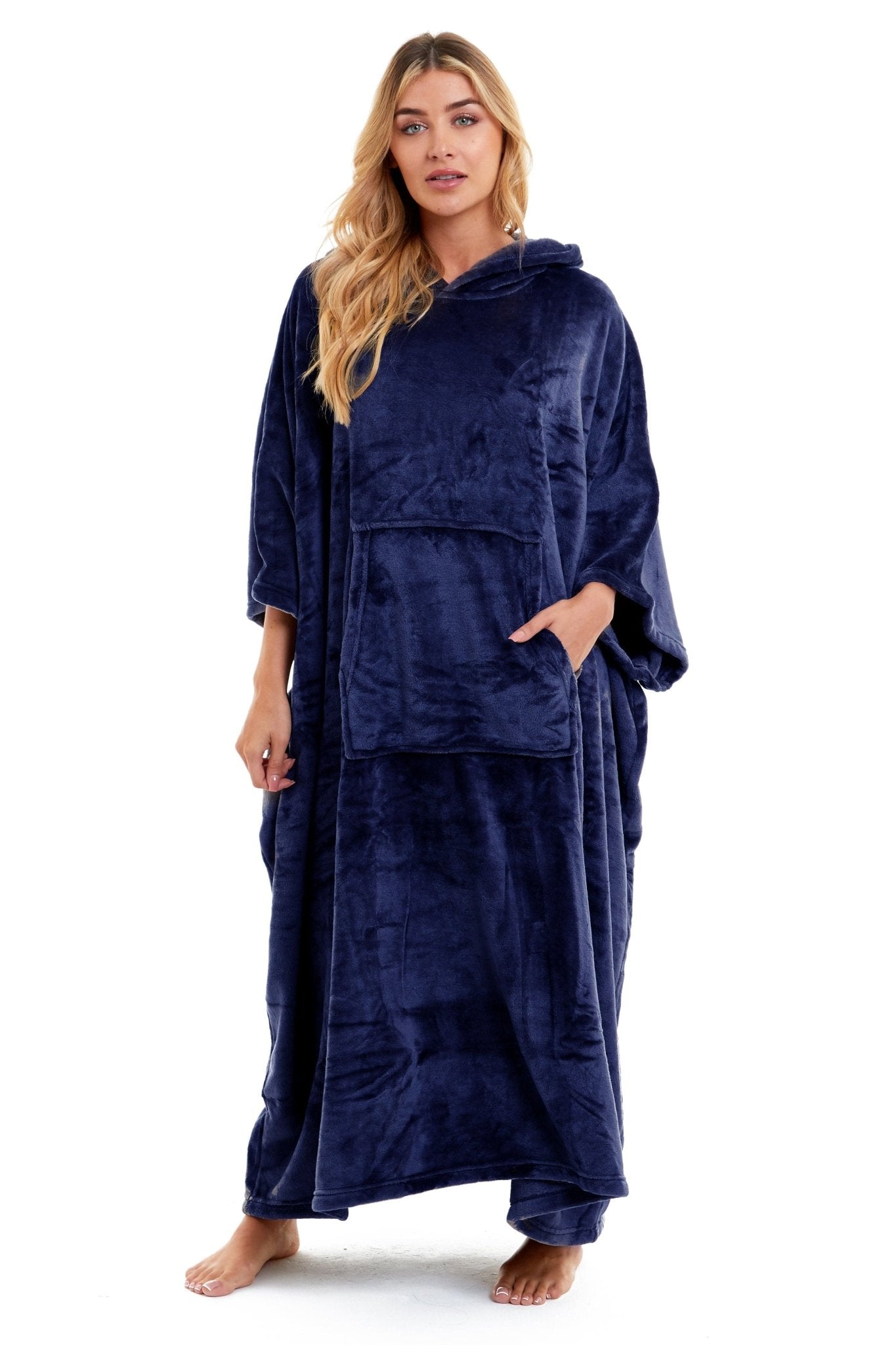OLIVIA ROCCO Women's Oversized Hooded Poncho Blanket Plush Fleece Navy Charcoal Cosy Sofa and Bedroom Layering - Vintress Fashion