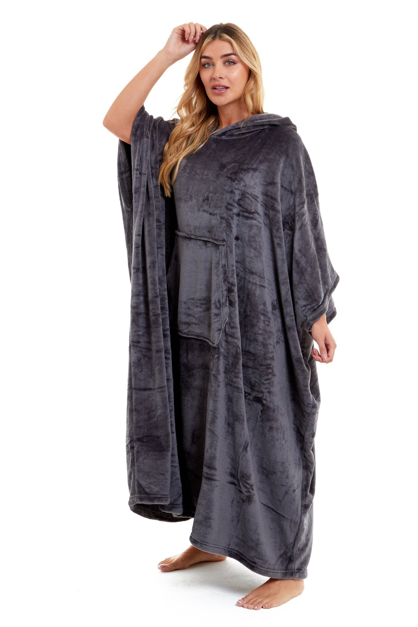 OLIVIA ROCCO Women's Oversized Hooded Poncho Blanket Plush Fleece Navy Charcoal Cosy Sofa and Bedroom Layering - Vintress Fashion