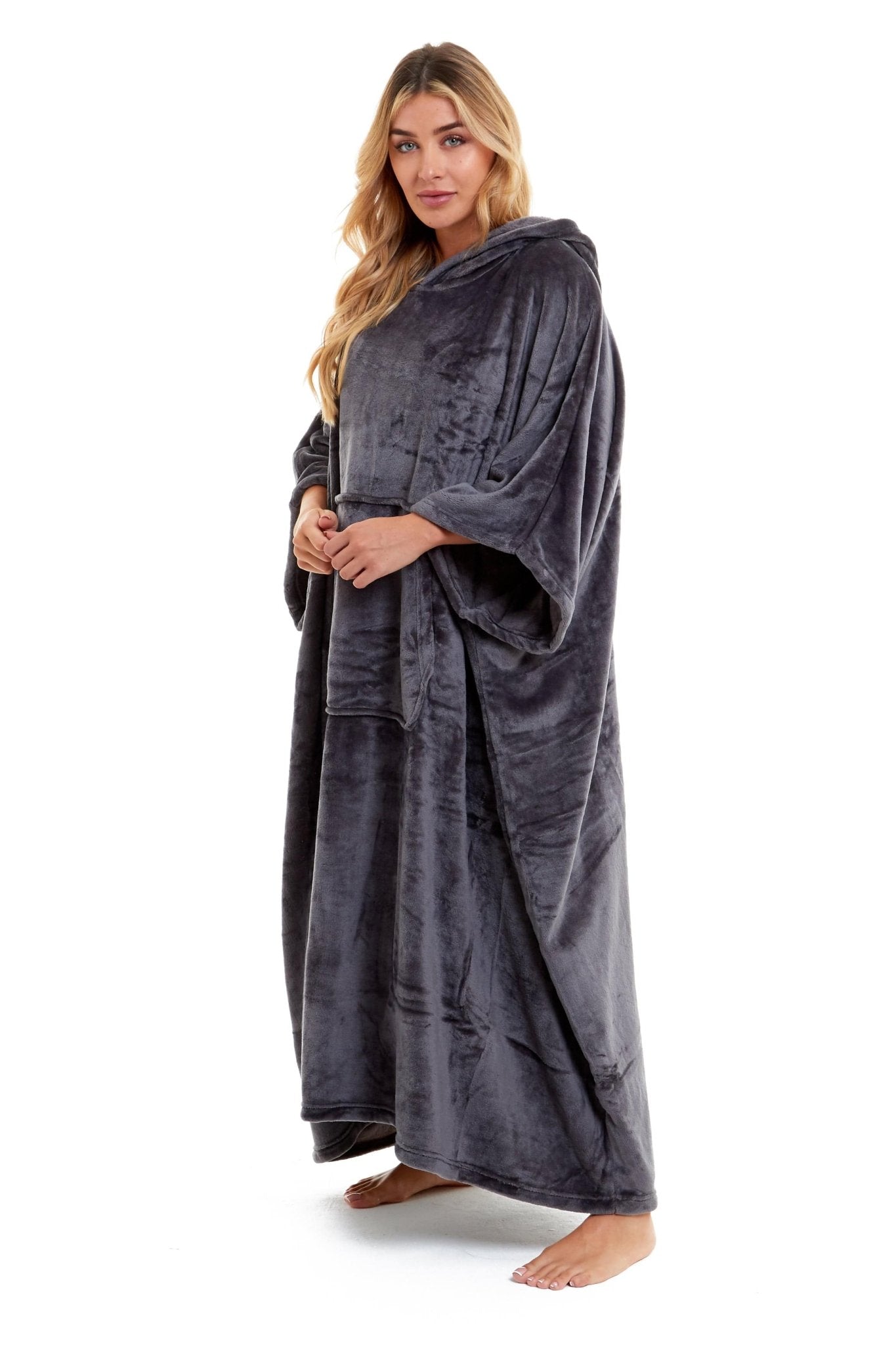 OLIVIA ROCCO Women's Oversized Hooded Poncho Blanket Plush Fleece Navy Charcoal Cosy Sofa and Bedroom Layering - Vintress Fashion