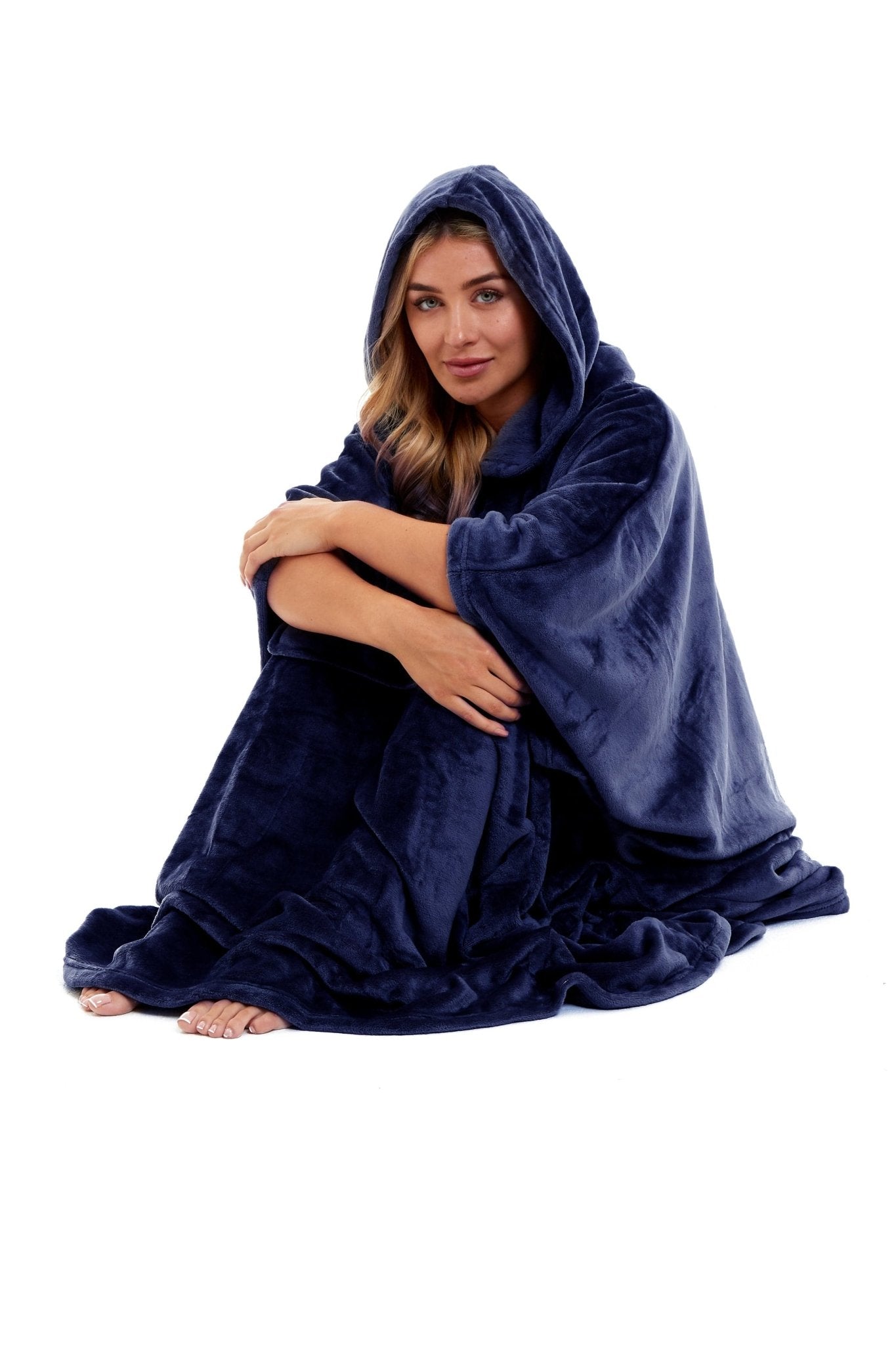 OLIVIA ROCCO Women's Oversized Hooded Poncho Blanket Plush Fleece Navy Charcoal Cosy Sofa and Bedroom Layering - Vintress Fashion
