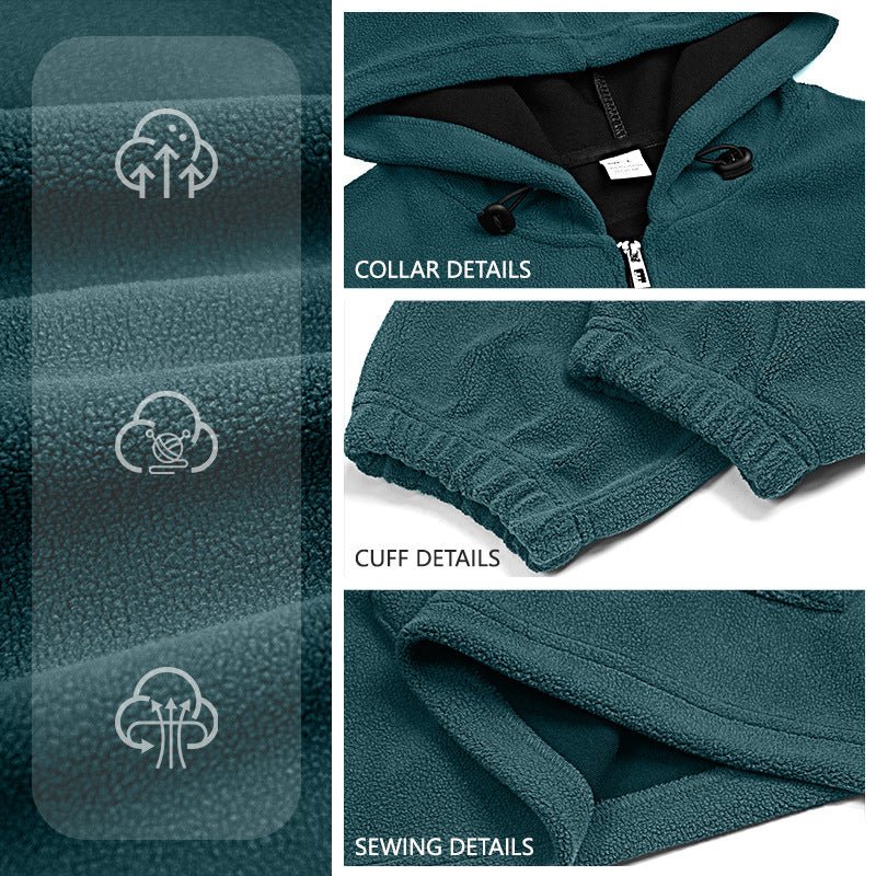 Padded Fleece Sweater Solid Color Half Zip Hooded Work Clothes Pullover - Vintress Fashion
