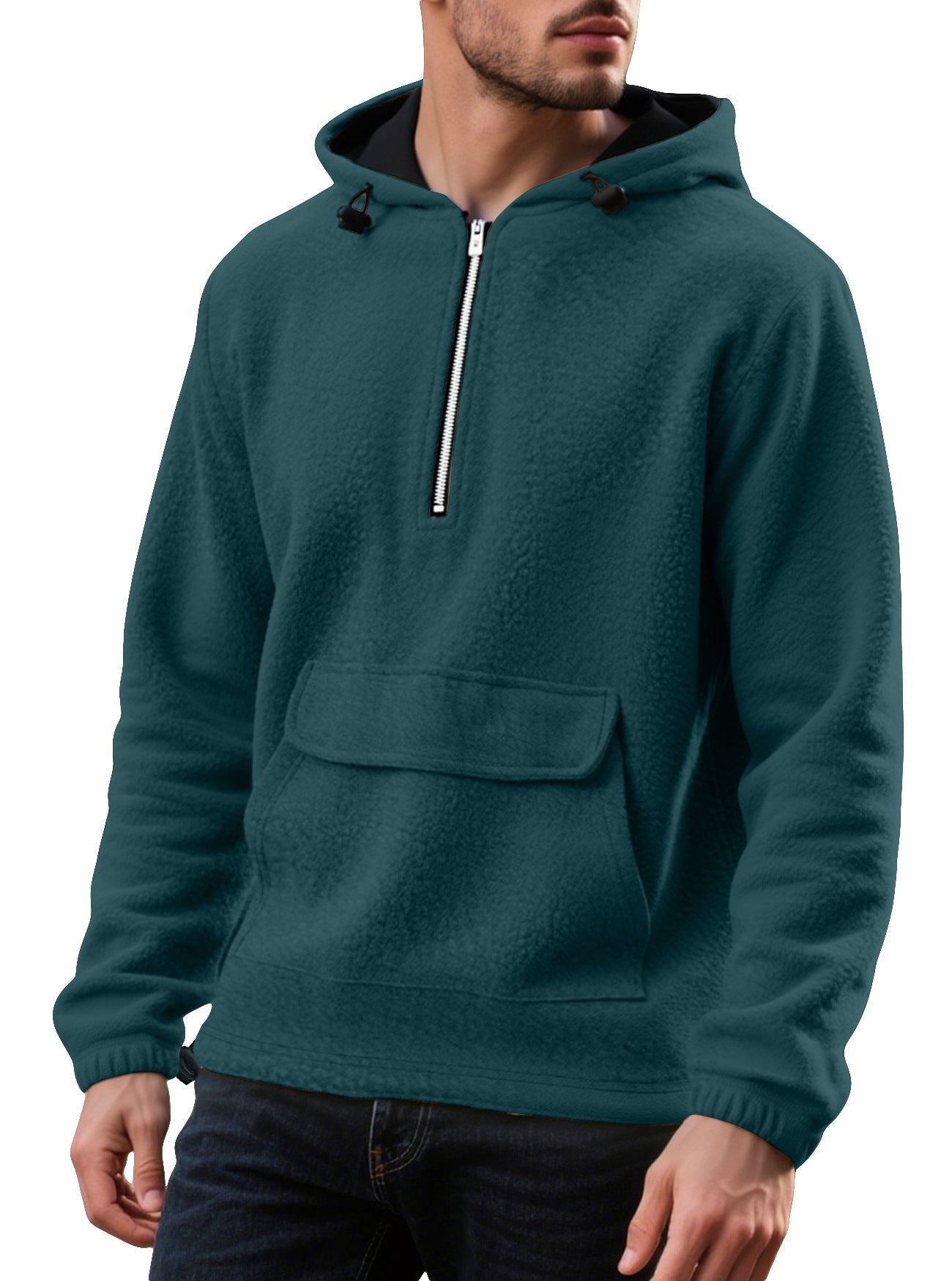 Padded Fleece Sweater Solid Color Half Zip Hooded Work Clothes Pullover - Vintress Fashion