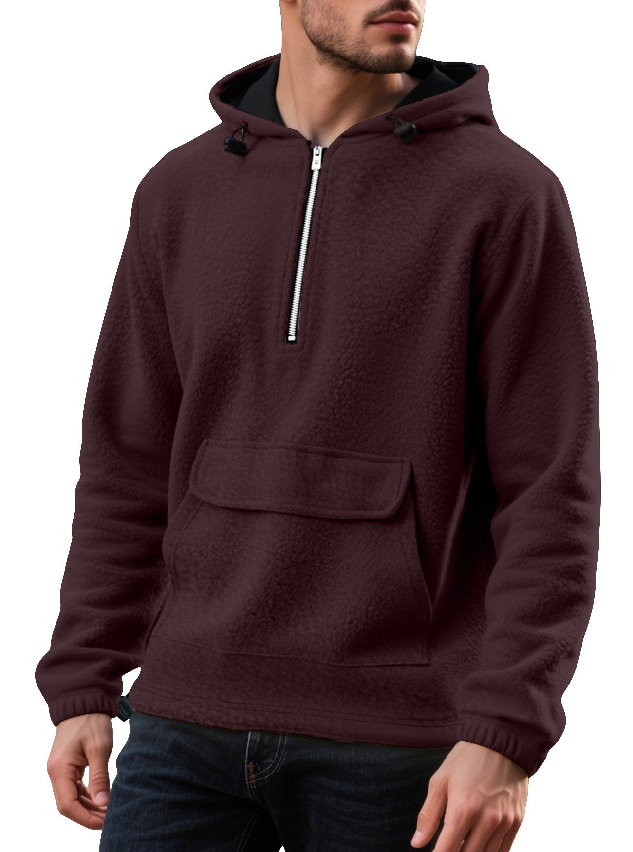 Padded Fleece Sweater Solid Color Half Zip Hooded Work Clothes Pullover - Vintress Fashion