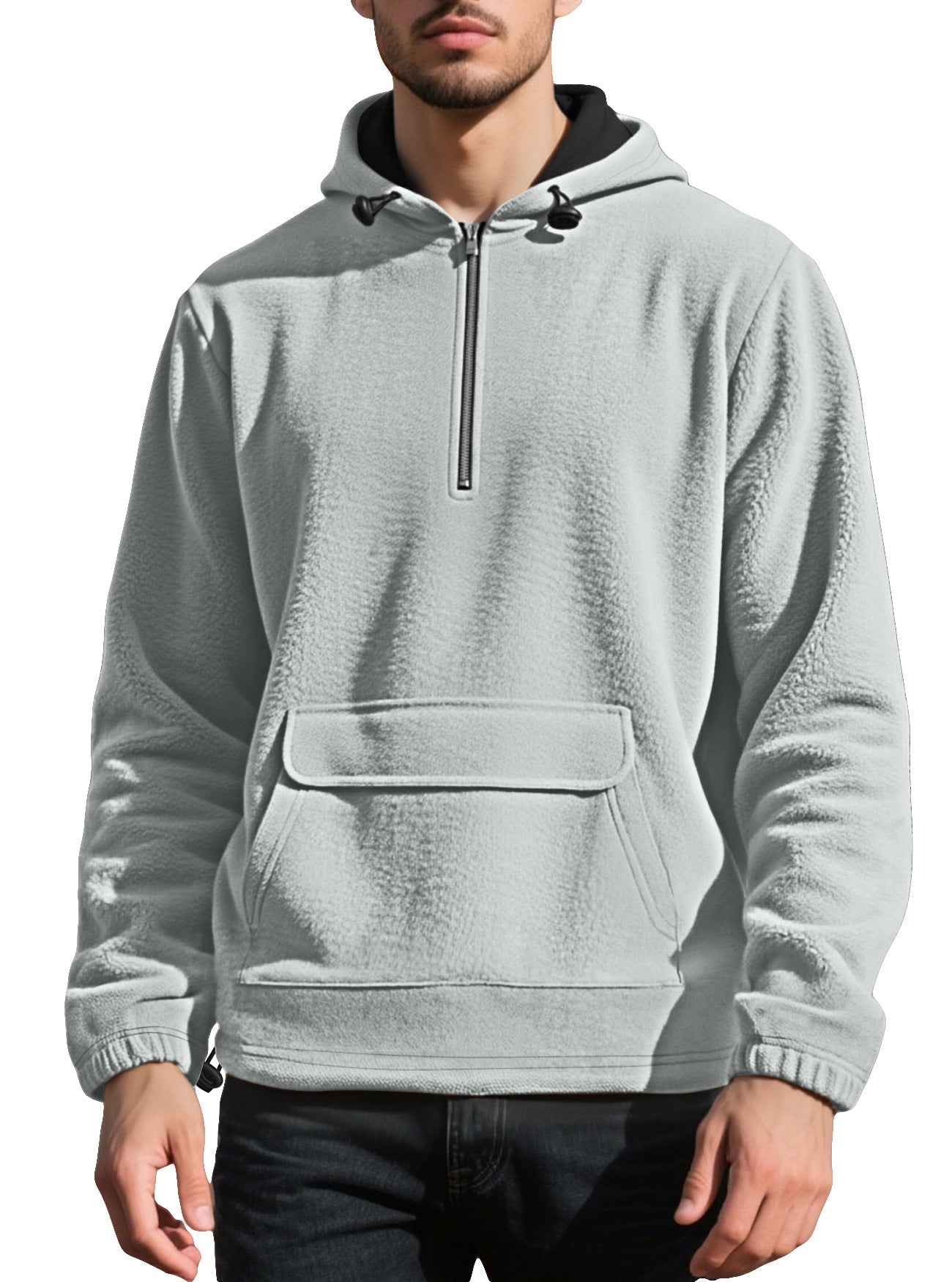 Padded Fleece Sweater Solid Color Half Zip Hooded Work Clothes Pullover - Vintress Fashion