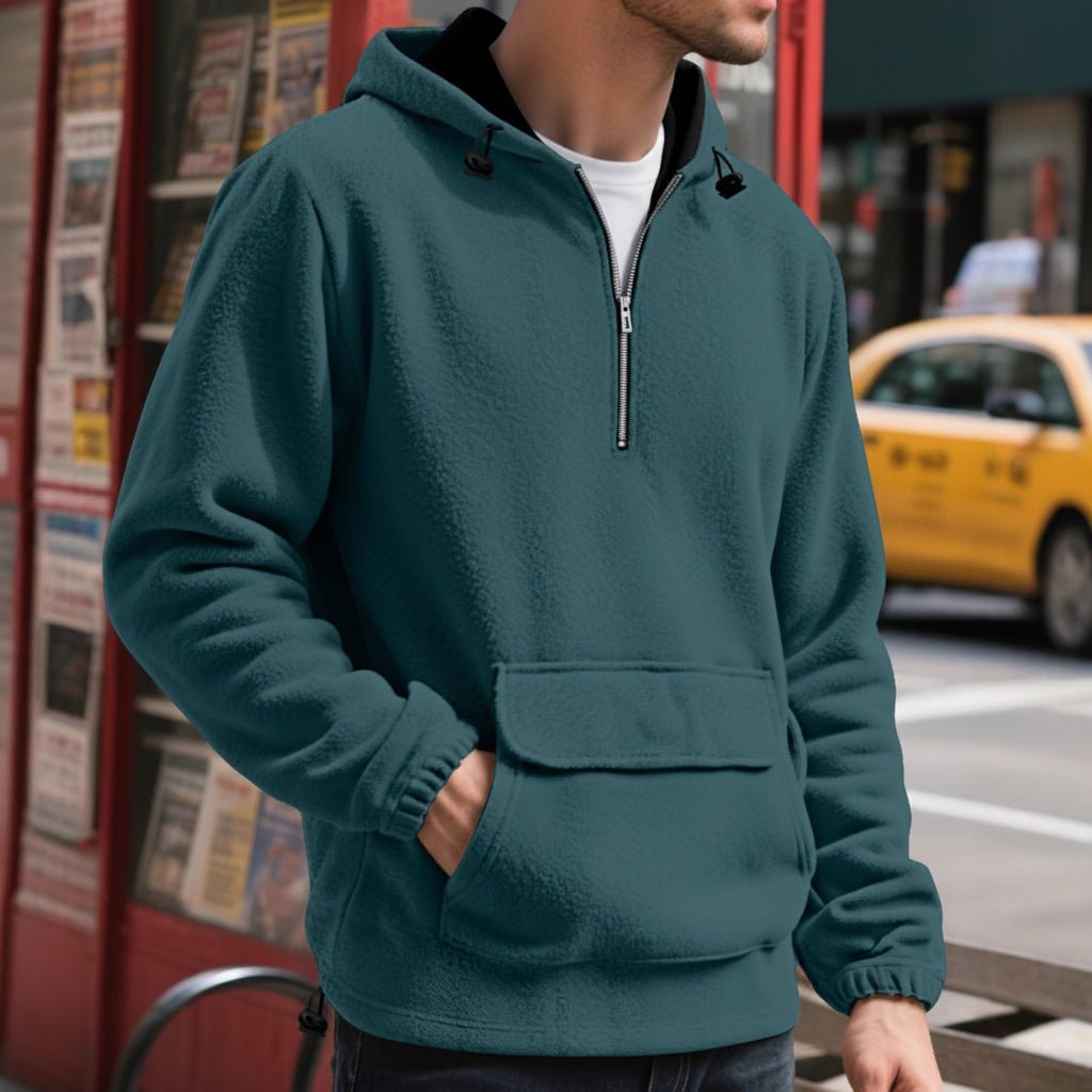 Padded Fleece Sweater Solid Color Half Zip Hooded Work Clothes Pullover - Vintress Fashion