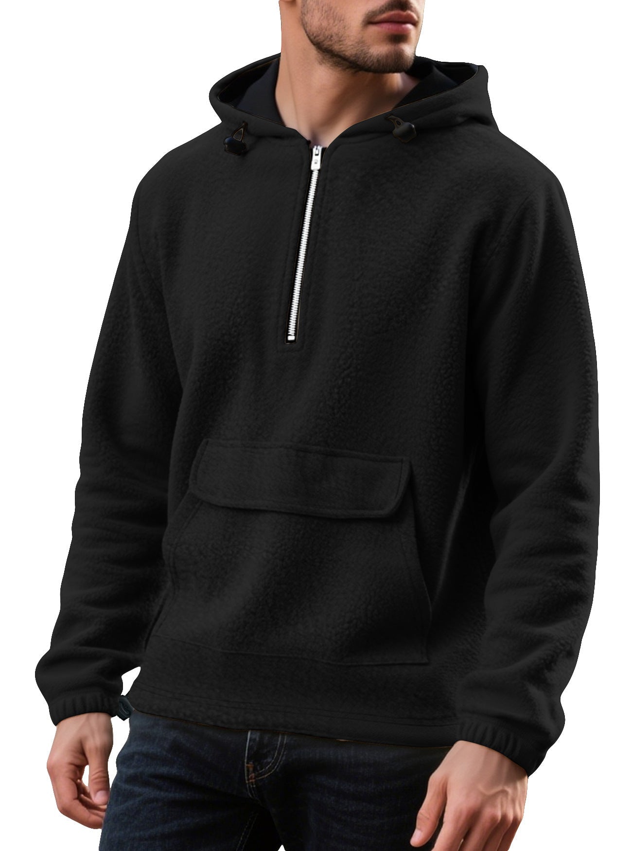 Padded Fleece Sweater Solid Color Half Zip Hooded Work Clothes Pullover - Vintress Fashion