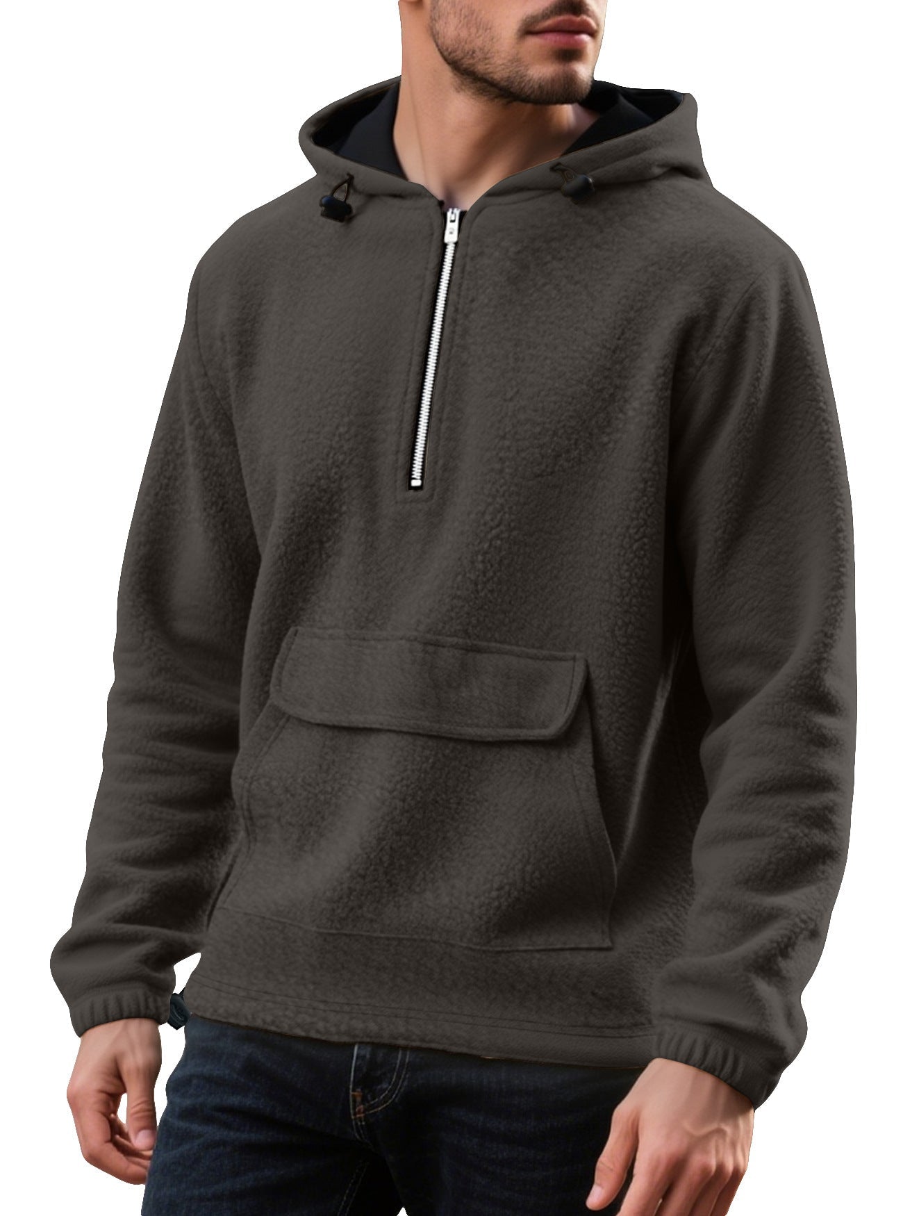 Padded Fleece Sweater Solid Color Half Zip Hooded Work Clothes Pullover - Vintress Fashion