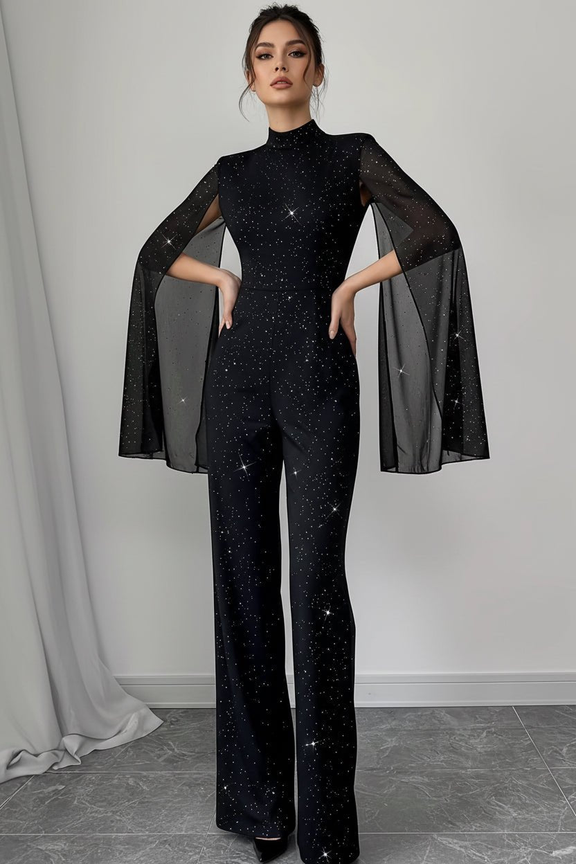 Round Neck Chiffon Lantern Sleeve Patchwork Jumpsuit - Vintress Fashion