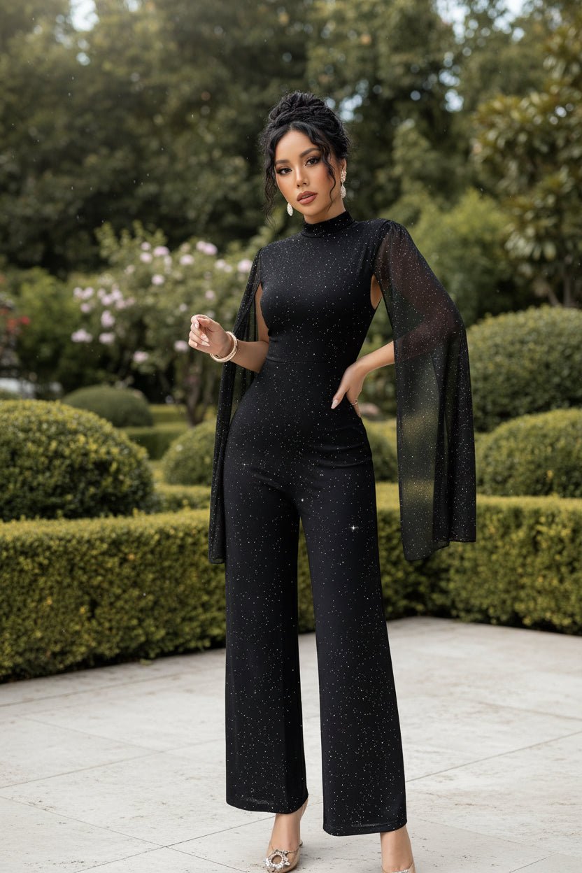 Round Neck Chiffon Lantern Sleeve Patchwork Jumpsuit - Vintress Fashion