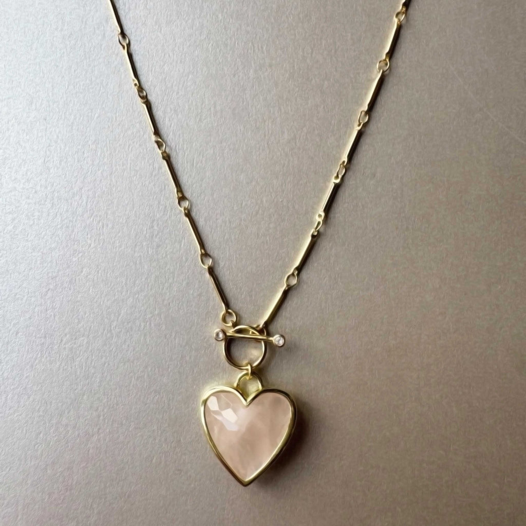 Sanora Luxe 18k Gold Plated Rose Quartz T Bar Heart Necklace - Vintress Fashion