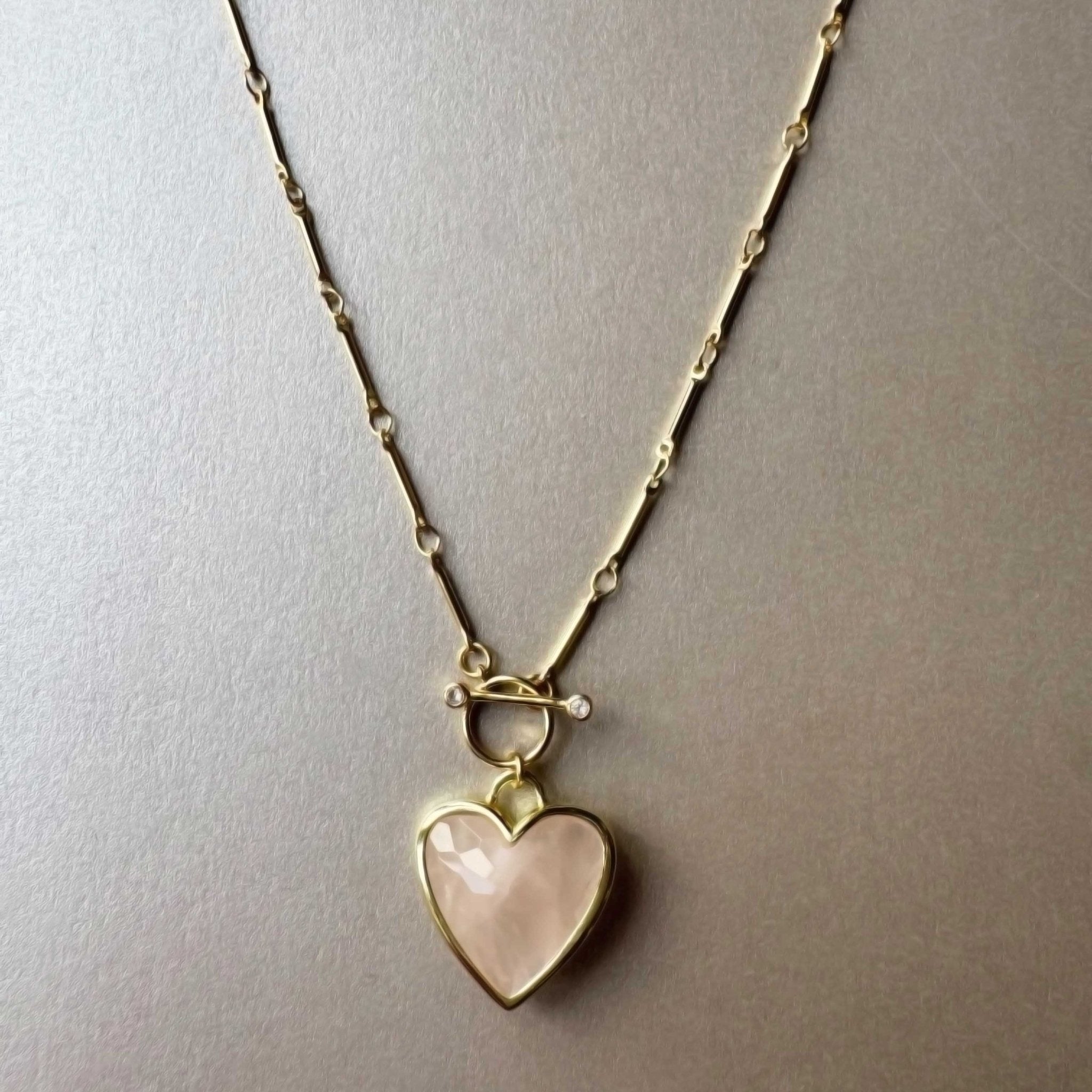 Sanora Luxe 18k Gold Plated Rose Quartz T Bar Heart Necklace - Vintress Fashion