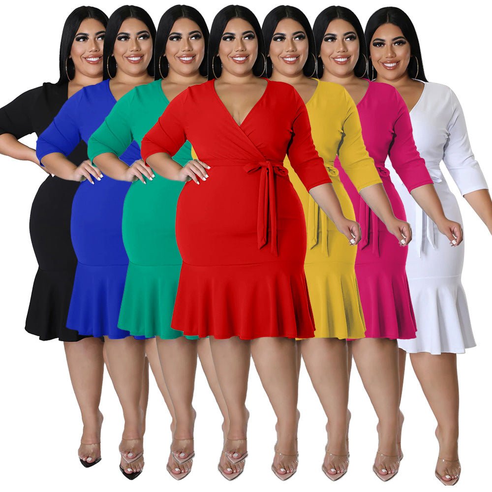 Sexy V-Neck Lace-Up Bodycon Dress With Ruffled Hem Plus-Size Women's Wear - Vintress Fashion