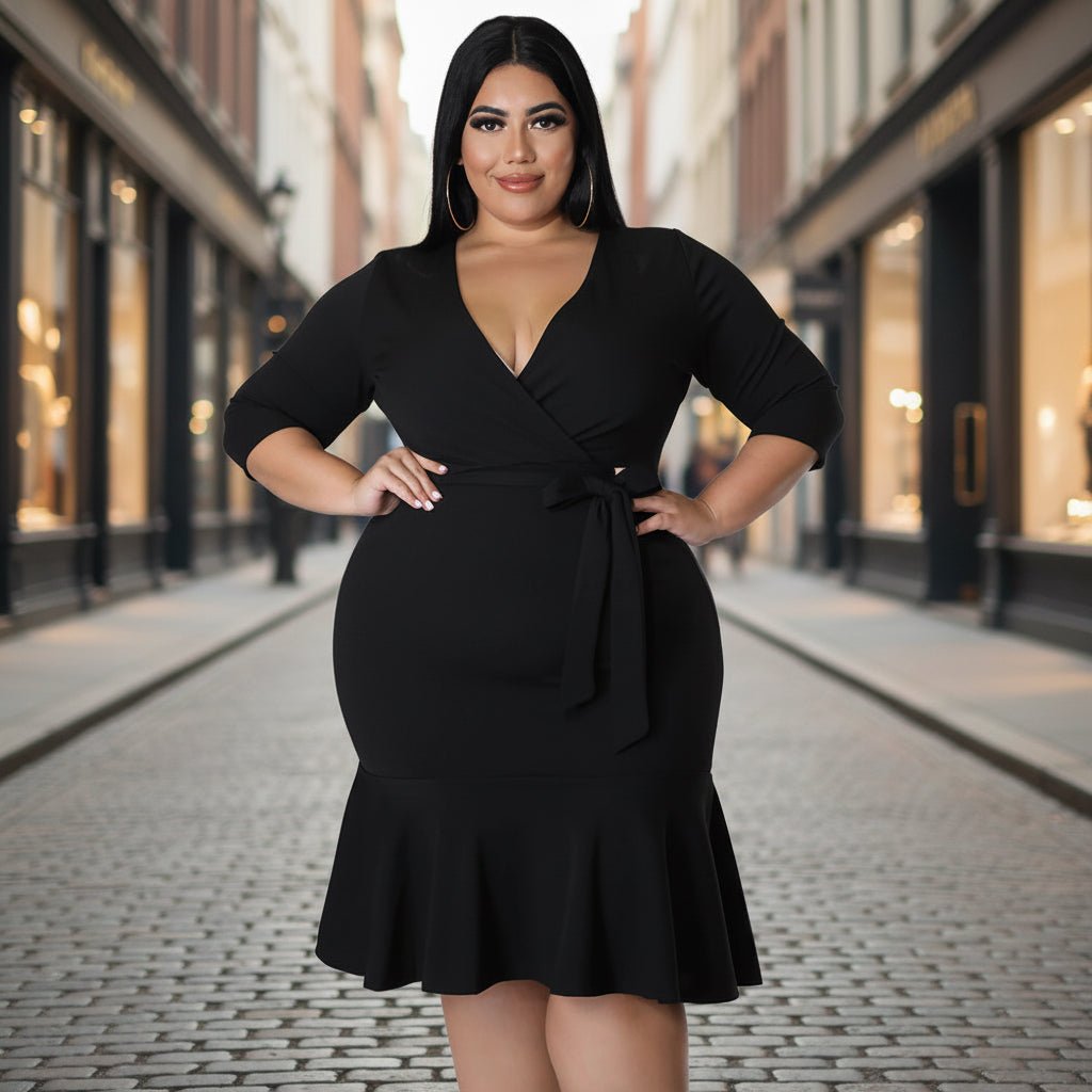 Sexy V-Neck Lace-Up Bodycon Dress With Ruffled Hem Plus-Size Women's Wear - Vintress Fashion