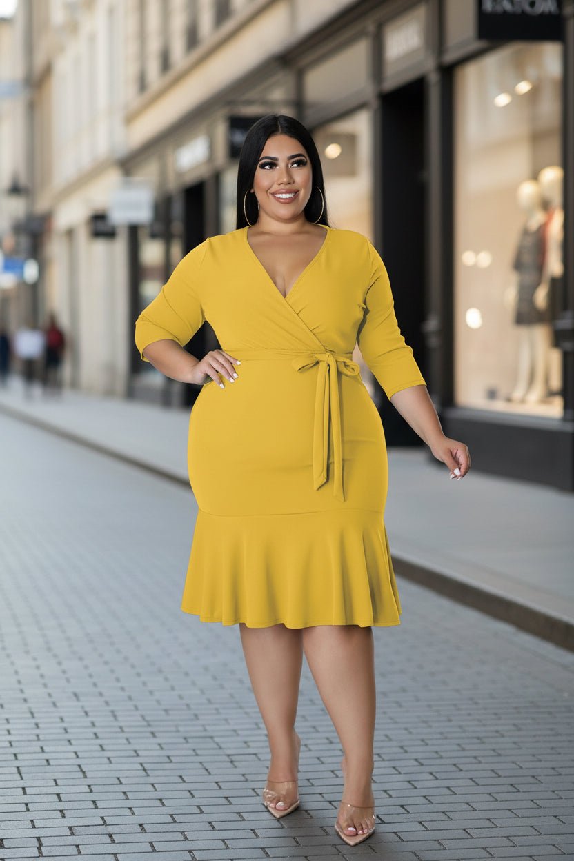 Sexy V-Neck Lace-Up Bodycon Dress With Ruffled Hem Plus-Size Women's Wear - Vintress Fashion