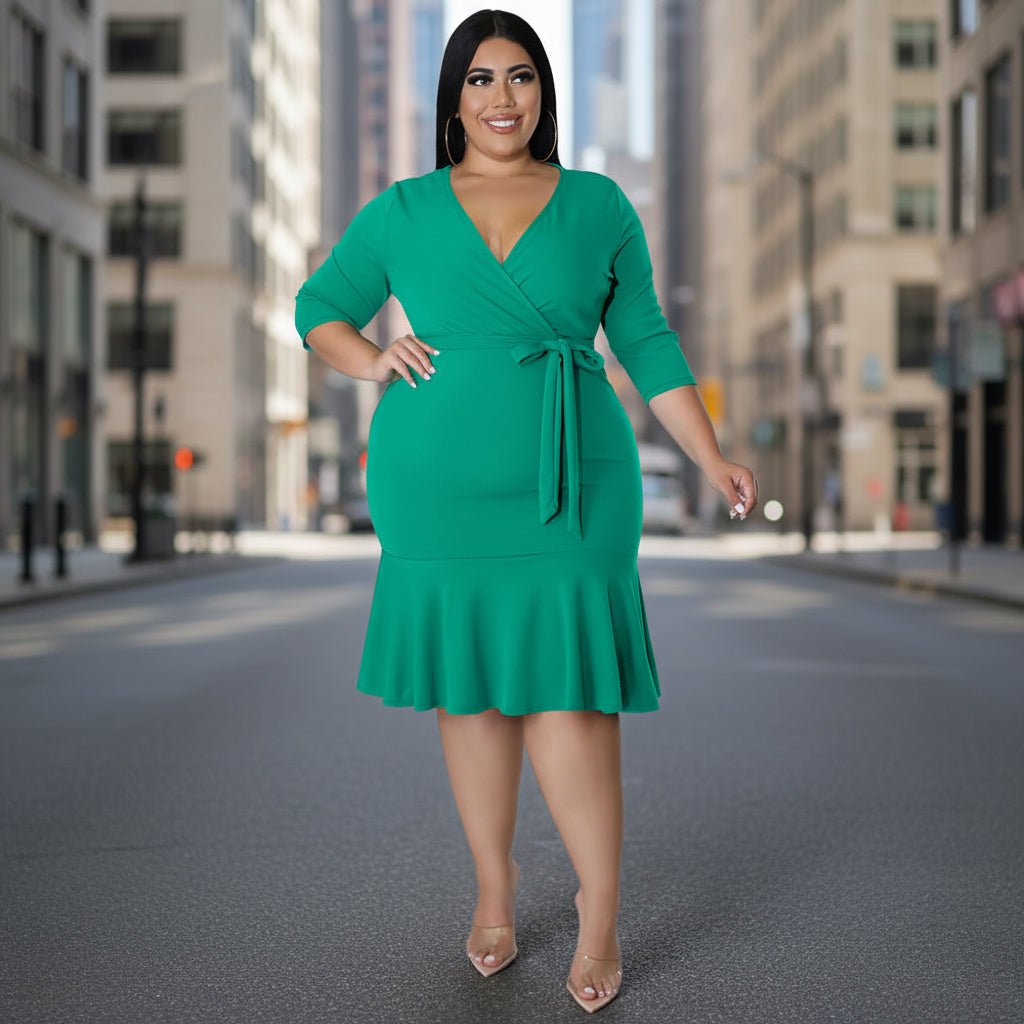 Sexy V-Neck Lace-Up Bodycon Dress With Ruffled Hem Plus-Size Women's Wear - Vintress Fashion