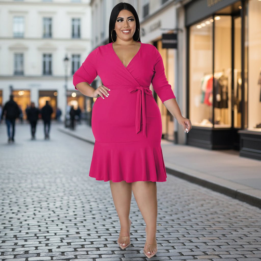 Sexy V-Neck Lace-Up Bodycon Dress With Ruffled Hem Plus-Size Women's Wear - Vintress Fashion