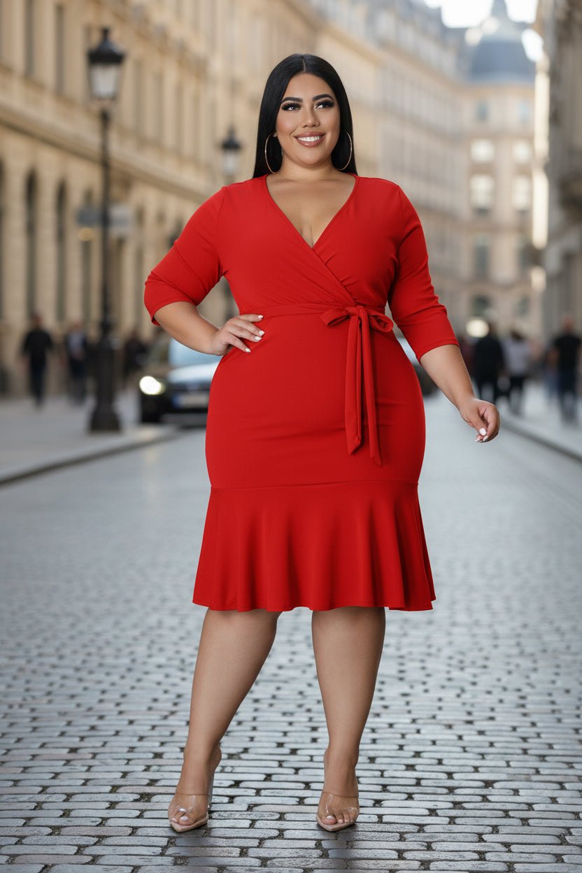Sexy V-Neck Lace-Up Bodycon Dress With Ruffled Hem Plus-Size Women's Wear - Vintress Fashion