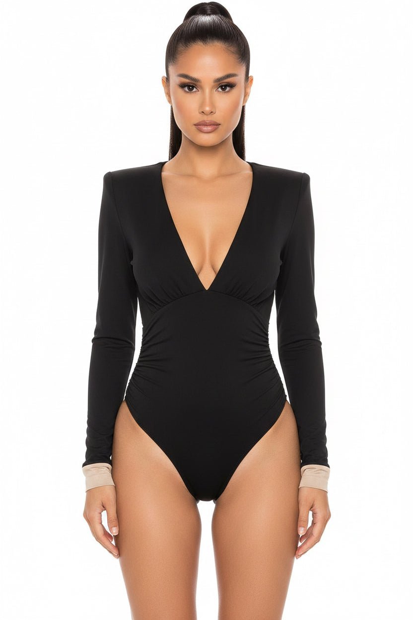 Solid Color High-end Deep V Long-sleeve Padded Shoulder High-elastic Skin-tight Slimming Bodysuit - Vintress Fashion