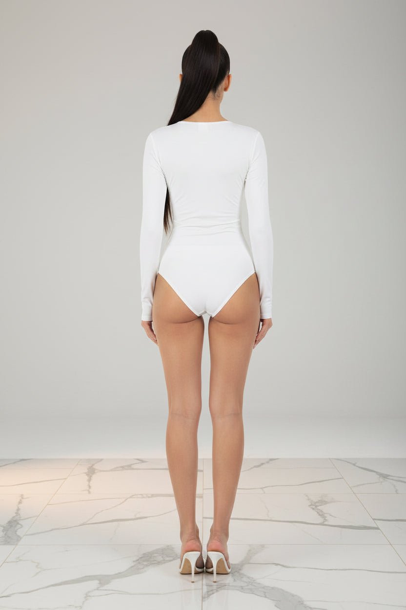 Solid Color High-end Deep V Long-sleeve Padded Shoulder High-elastic Skin-tight Slimming Bodysuit - Vintress Fashion