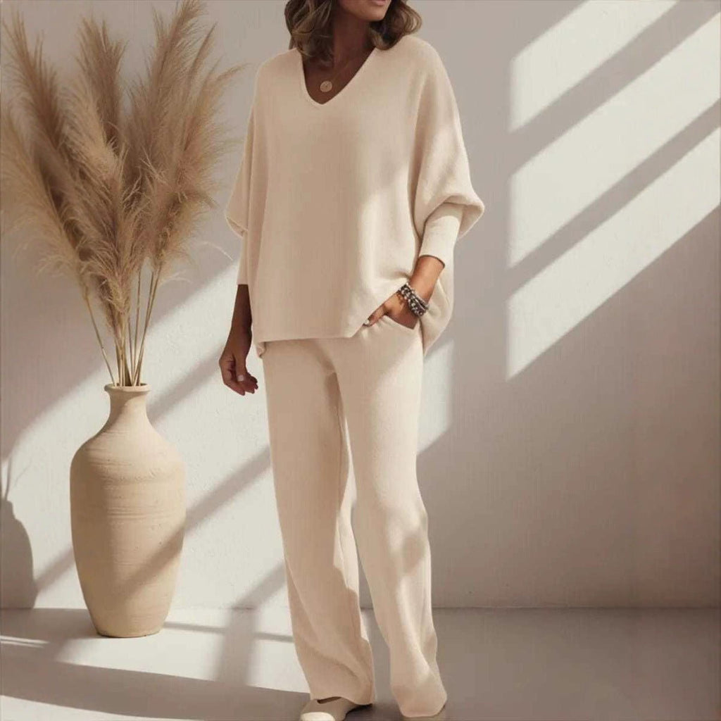 V-neck Long-sleeved Top Knitted Home Pants Suit 2-piece Set - Vintress Fashion