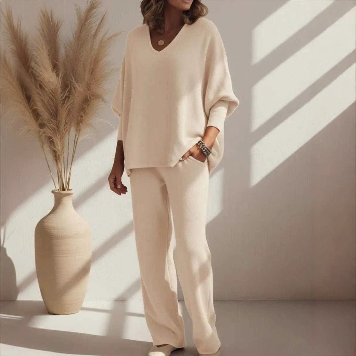 V-neck Long-sleeved Top Knitted Home Pants Suit 2-piece Set - Vintress Fashion