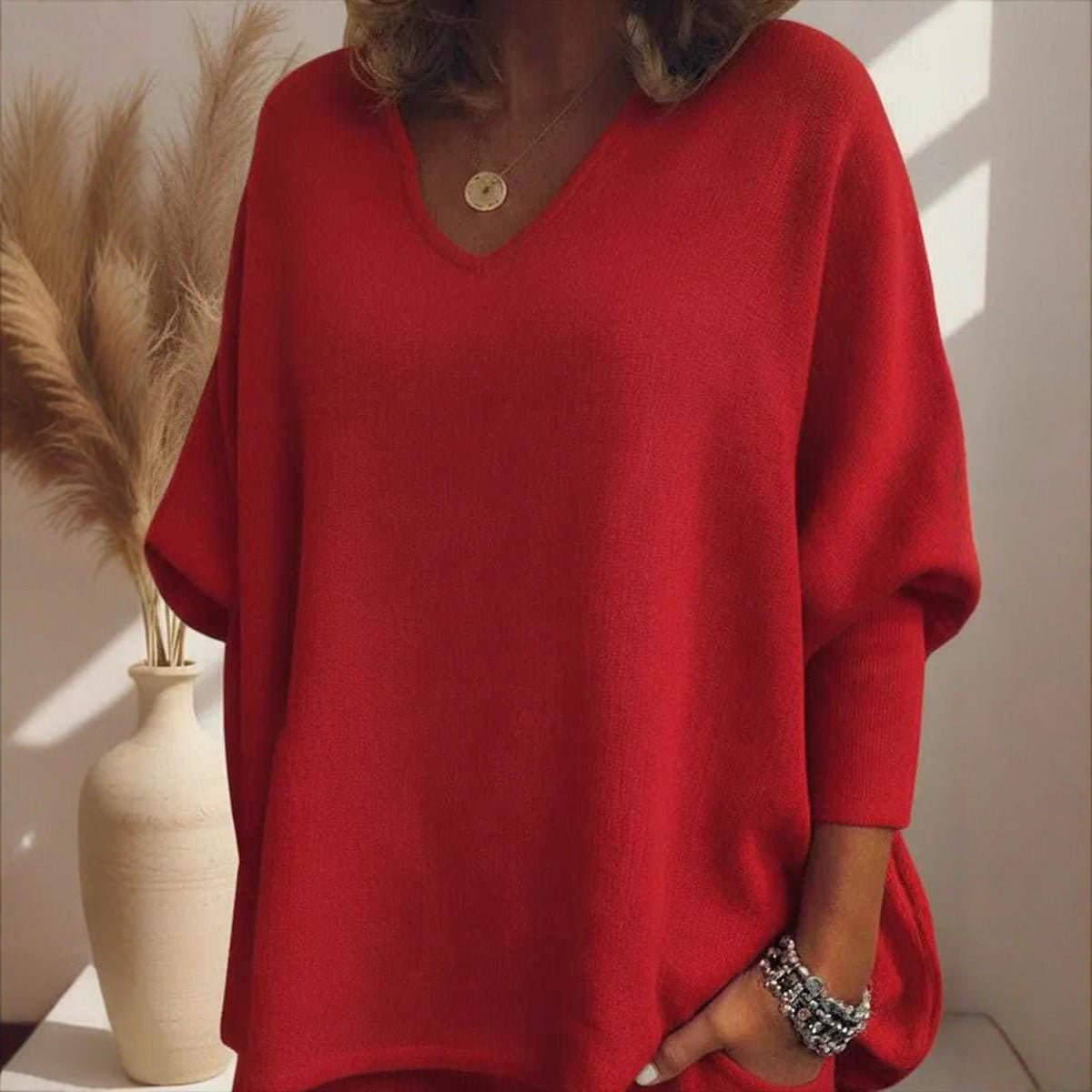 V-neck Long-sleeved Top Knitted Home Pants Suit 2-piece Set - Vintress Fashion